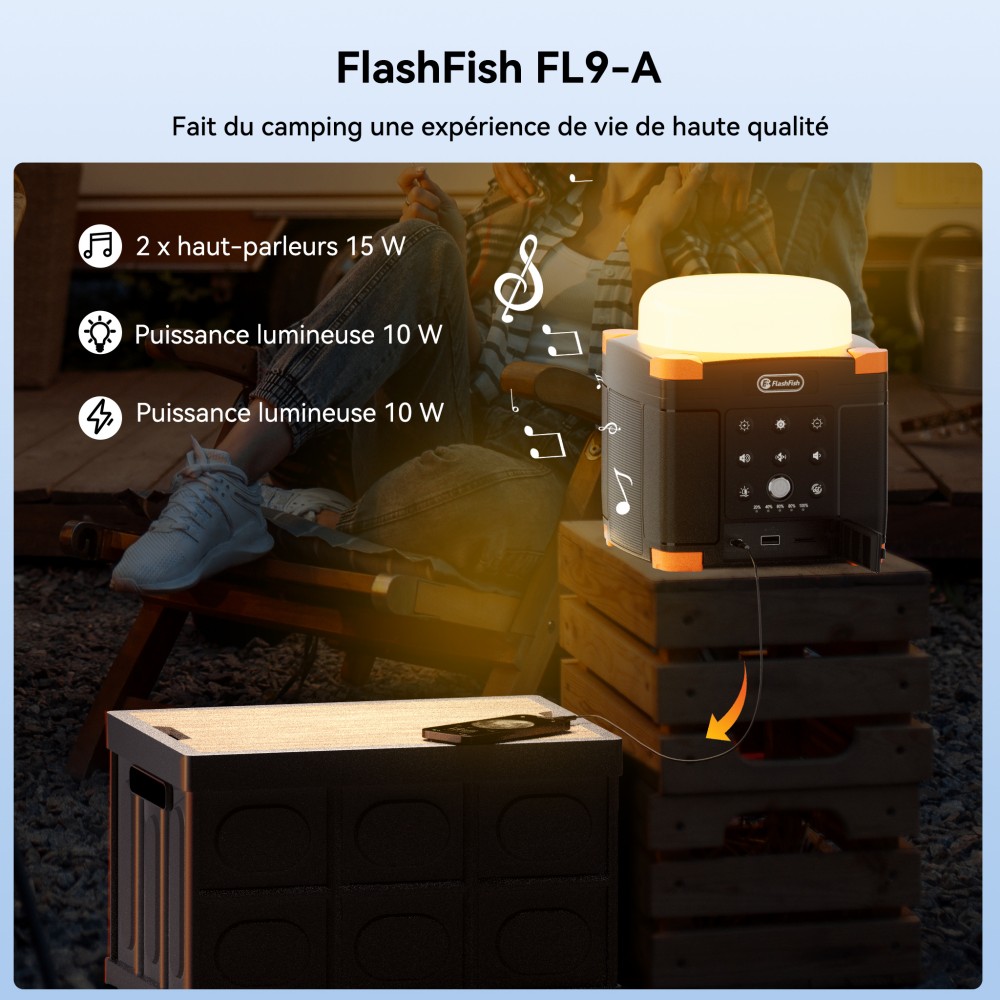 FlashFish FL9-A Station d'alimentation multifonctionnelle, batterie lithium 56Wh / 15600mAh, charge rapide USB-C PD 45W, deux haut-parleurs Bluetooth 5.0 15W, lampe de camping 700LM à 3 modes, son stéréo TWS, lumière d'urgence SOS