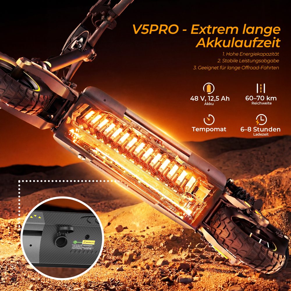iScooter V5Pro Faltbarer Elektroroller, 500W Motor, 20km/h Höchstgeschwindigkeit, 70km Reichweite, 48V 12,5Ah Batterie, Doppelte Federung, Doppelte Scheibenbremsen + E-Bremse, 10' schlauchlose Offroad-Reifen, APP-Steuerung