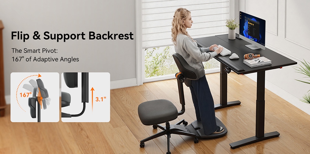 NEWTRAL MT-M Standing-Mate Ergonomischer Steh-Schreibtischstuhl, 5-in-1 Adaptives Sitzsystem, 167 ° klappbare Rückenlehne, verstellbare Sitzhöhe 46-57 cm, Sitztiefe 38-44 cm, armloses Design, vollständig einstellbare Ergonomie, 150 kg Tragfähigkeit - Dunkelgrau