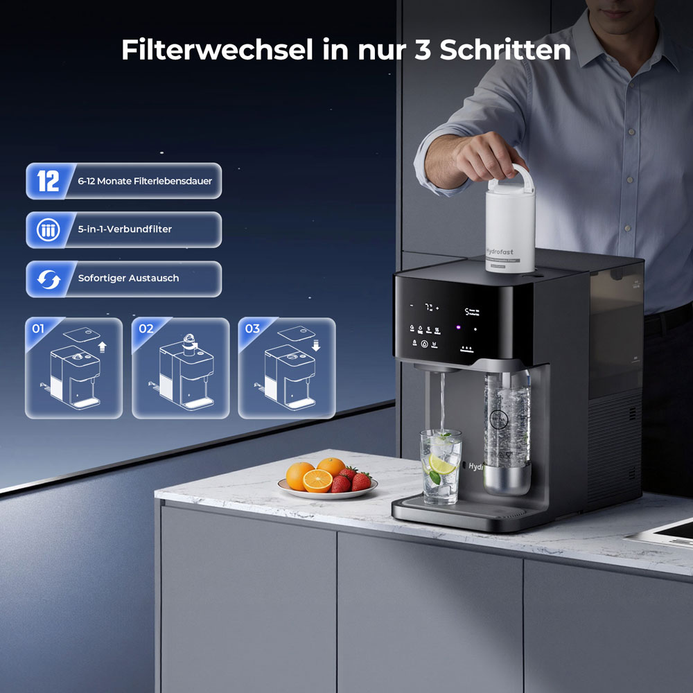 Hydrofast C300 RO Arbeitsplatten-Wasserreiniger, Eis- und Sprudelwasserspender, 6-stufige Filterung mit UV-Sterilisation, 5L Rohwassertank & 1,5L Reinwassertank, einstellbare Temperatur & Menge, Intelligentes TDS-Display