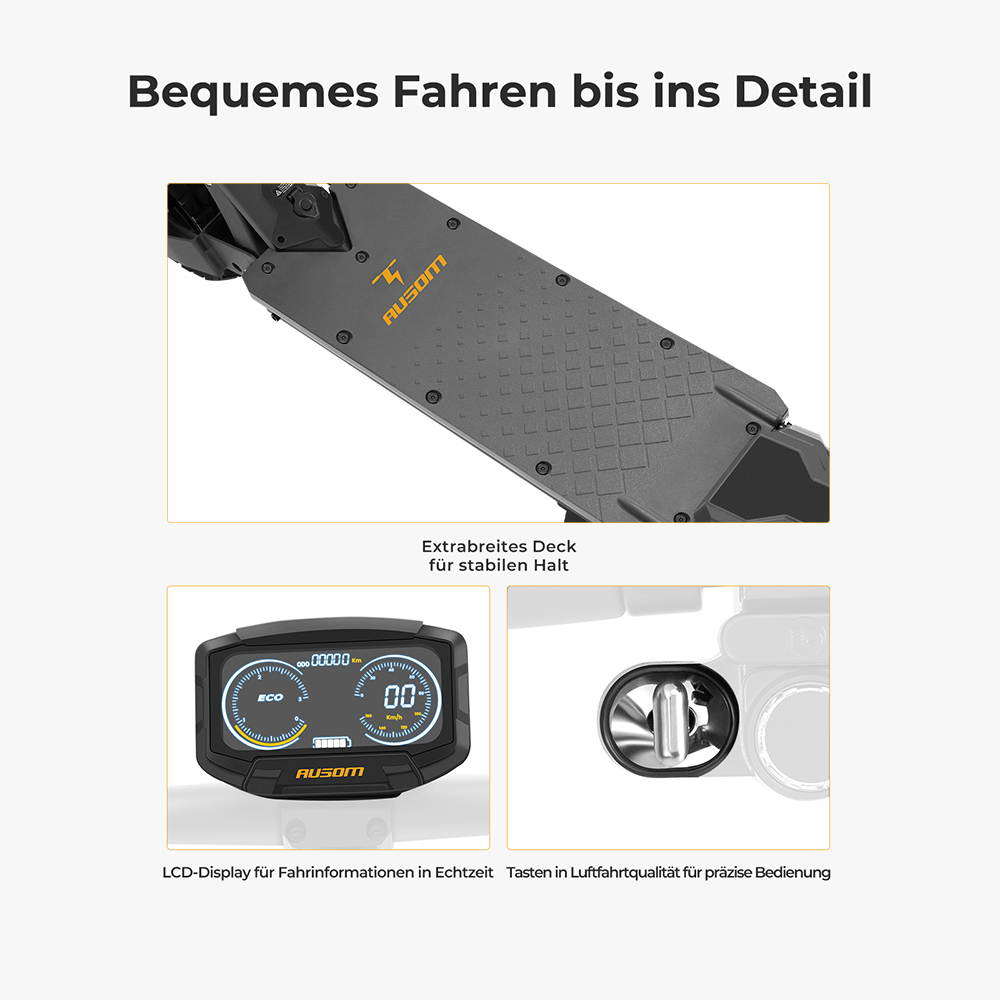 Ausom L1 Elektroroller ABE-Version, 500-W-Motor, 48-V-20,8-Ah-Akku, 10-Zoll-Reifen, 20 km/h Höchstgeschwindigkeit, 90 km Reichweite, Scheibenbremsen vorne und hinten, Schwingarmfederung, NFC- und Passcode-Entsperrung