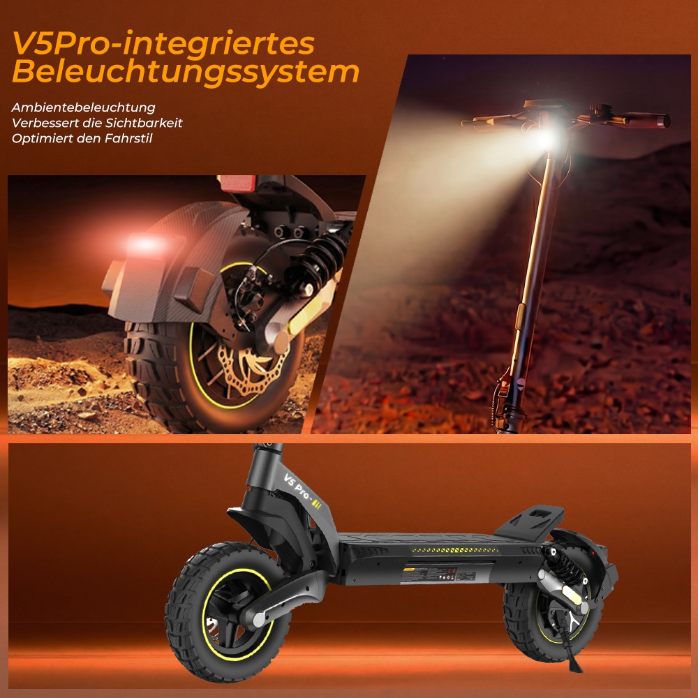 iScooter V5Pro Faltbarer Elektroroller, 500W Motor, 20km/h Höchstgeschwindigkeit, 70km Reichweite, 48V 12,5Ah Batterie, Doppelte Federung, Doppelte Scheibenbremsen + E-Bremse, 10' schlauchlose Offroad-Reifen, APP-Steuerung
