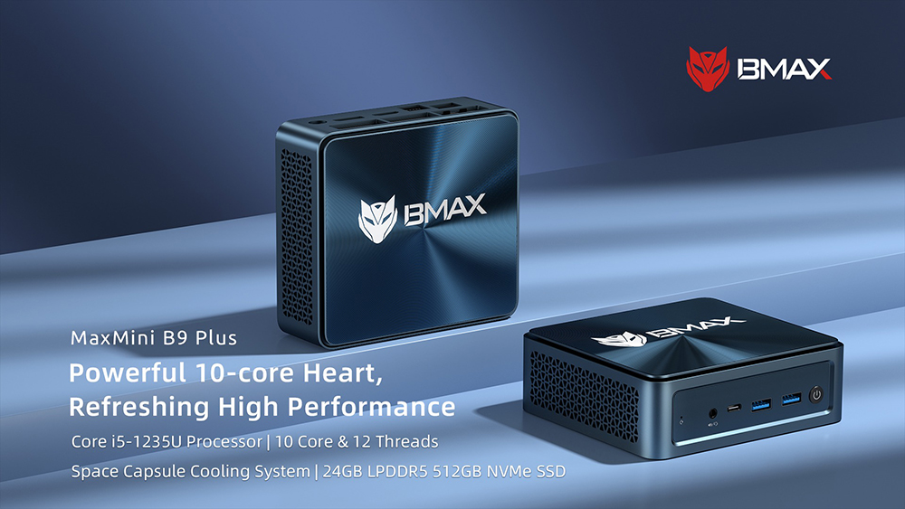 BMAX B9 Plus Mini PC, Intel Core i5-1235U 10 Cores Max 4.4GHz, 24GB LPDDR5 RAM 512GB SSD, DP+HDMI+Type-C 4K Triple Display, Support Dynamic HDR, WiFi 6 Bluetooth 5.2, 2*USB3.2, 2*USB2.0, 1*RJ45, 1*Headset Jack, Space Capsule Cooling System