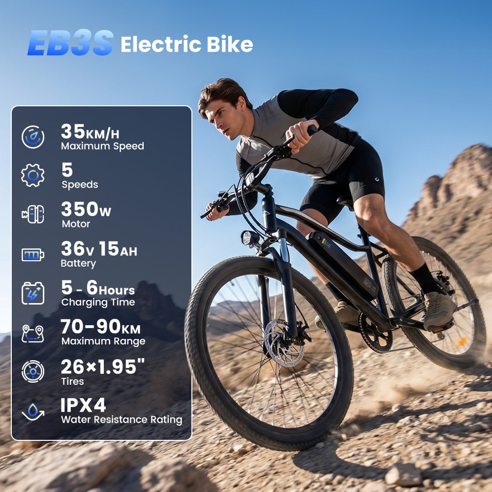 EB3S Elektrofahrrad, 350-W-Motor, 36-V-15-Ah-Akku, 35 km/h Höchstgeschwindigkeit, 90 km Reichweite, 5 Geschwindigkeitsstufen, 26