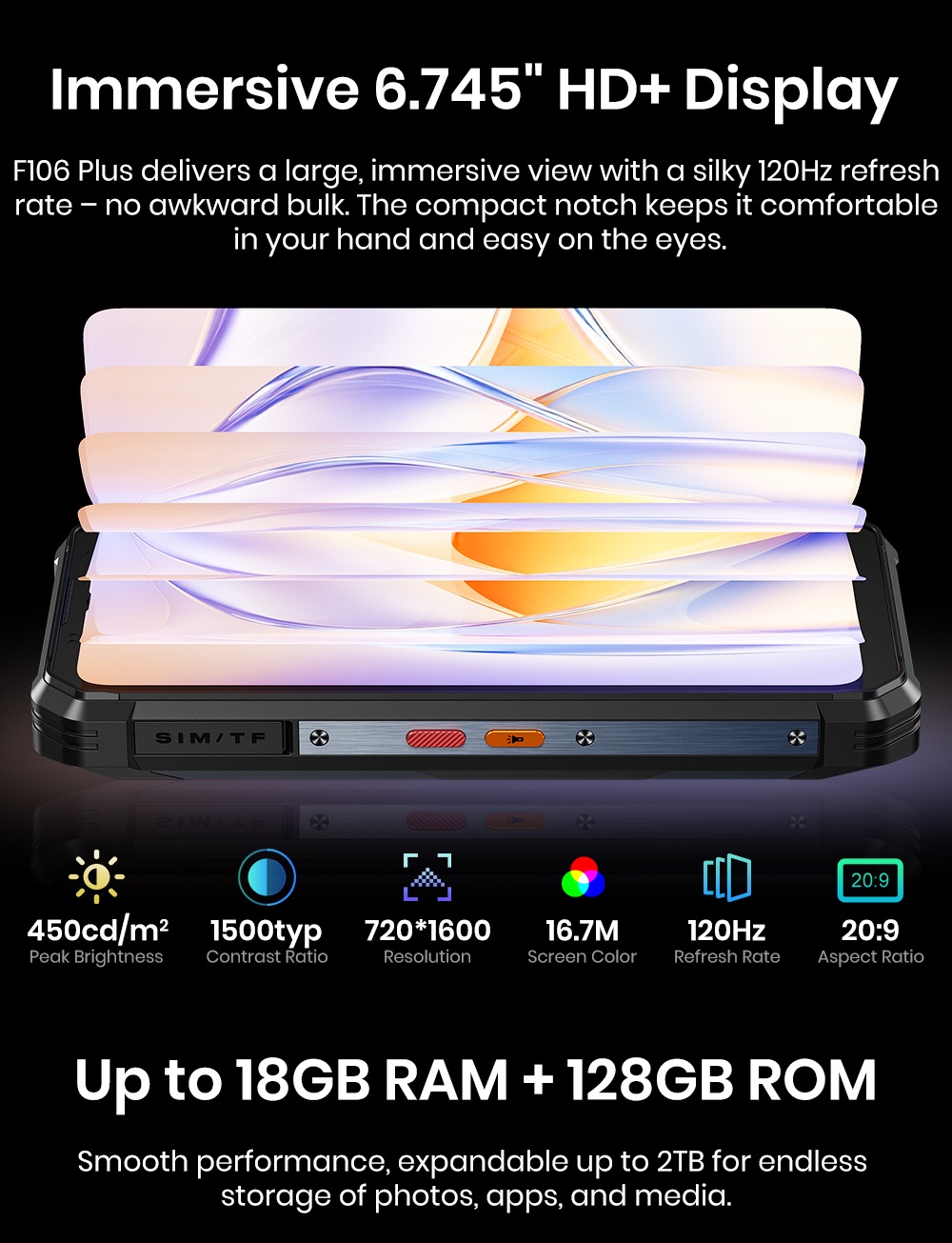 Smartphone robuste FOSSiBOT F106 Plus, 6 Go de RAM + 128 Go de ROM, batterie 12 000 mAh, deux haut-parleurs stéréo 120 dB, caméra de vision nocturne 20 MP, caméra IA 50 MP, écran 6,745