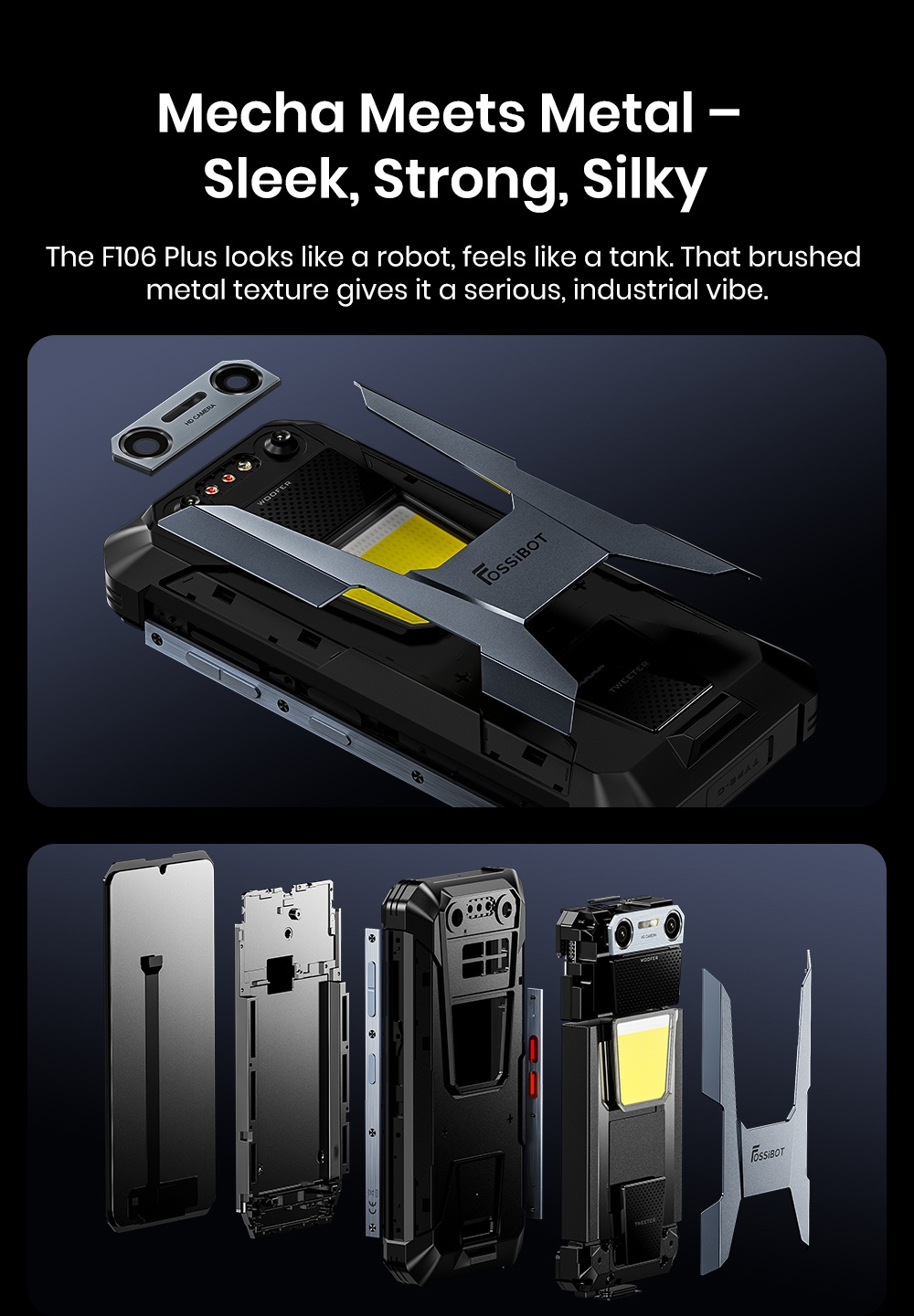 Smartphone robuste FOSSiBOT F106 Plus, 6 Go de RAM + 128 Go de ROM, batterie 12 000 mAh, deux haut-parleurs stéréo 120 dB, caméra de vision nocturne 20 MP, caméra IA 50 MP, écran 6,745