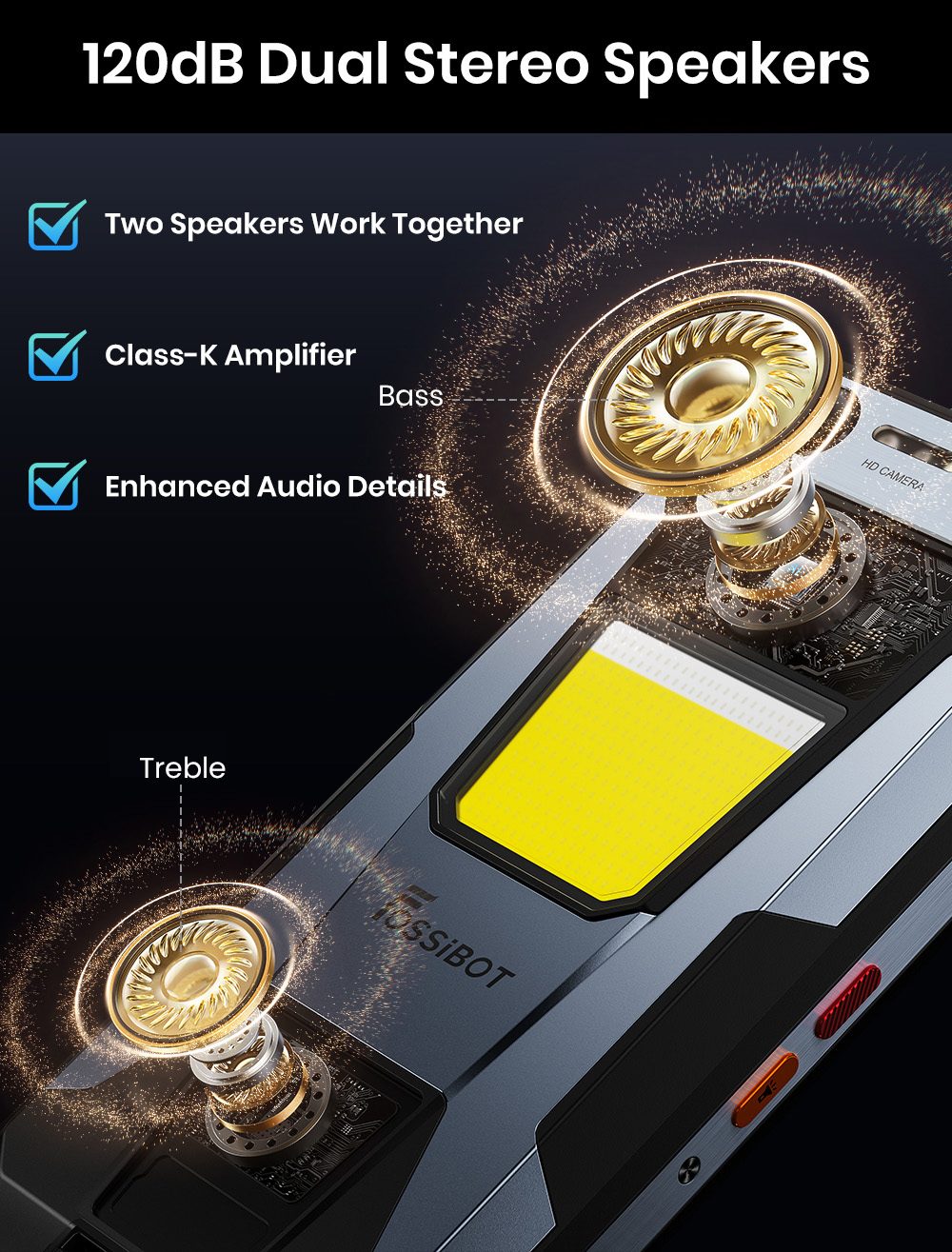 Smartphone robuste FOSSiBOT F106 Plus, 6 Go de RAM + 128 Go de ROM, batterie 12 000 mAh, deux haut-parleurs stéréo 120 dB, caméra de vision nocturne 20 MP, caméra IA 50 MP, écran 6,745