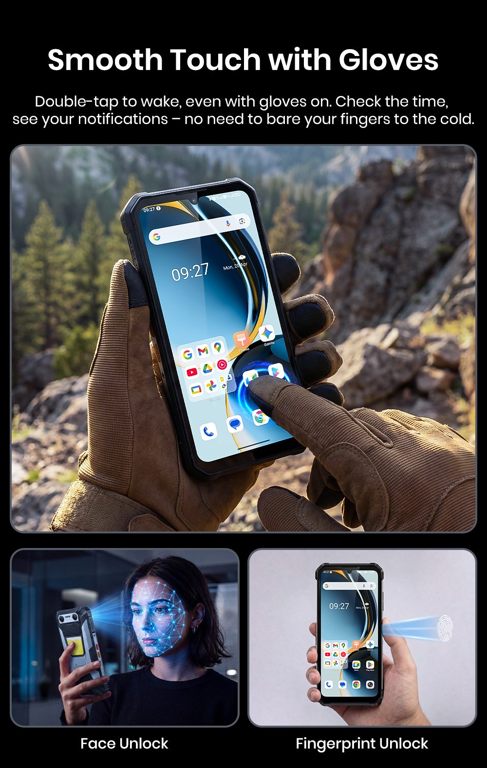 Smartphone robuste FOSSiBOT F106 Plus, 6 Go de RAM + 128 Go de ROM, batterie 12 000 mAh, deux haut-parleurs stéréo 120 dB, caméra de vision nocturne 20 MP, caméra IA 50 MP, écran 6,745