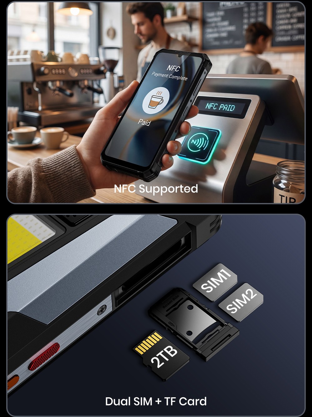 Smartphone robuste FOSSiBOT F106 Plus, 6 Go de RAM + 128 Go de ROM, batterie 12 000 mAh, deux haut-parleurs stéréo 120 dB, caméra de vision nocturne 20 MP, caméra IA 50 MP, écran 6,745