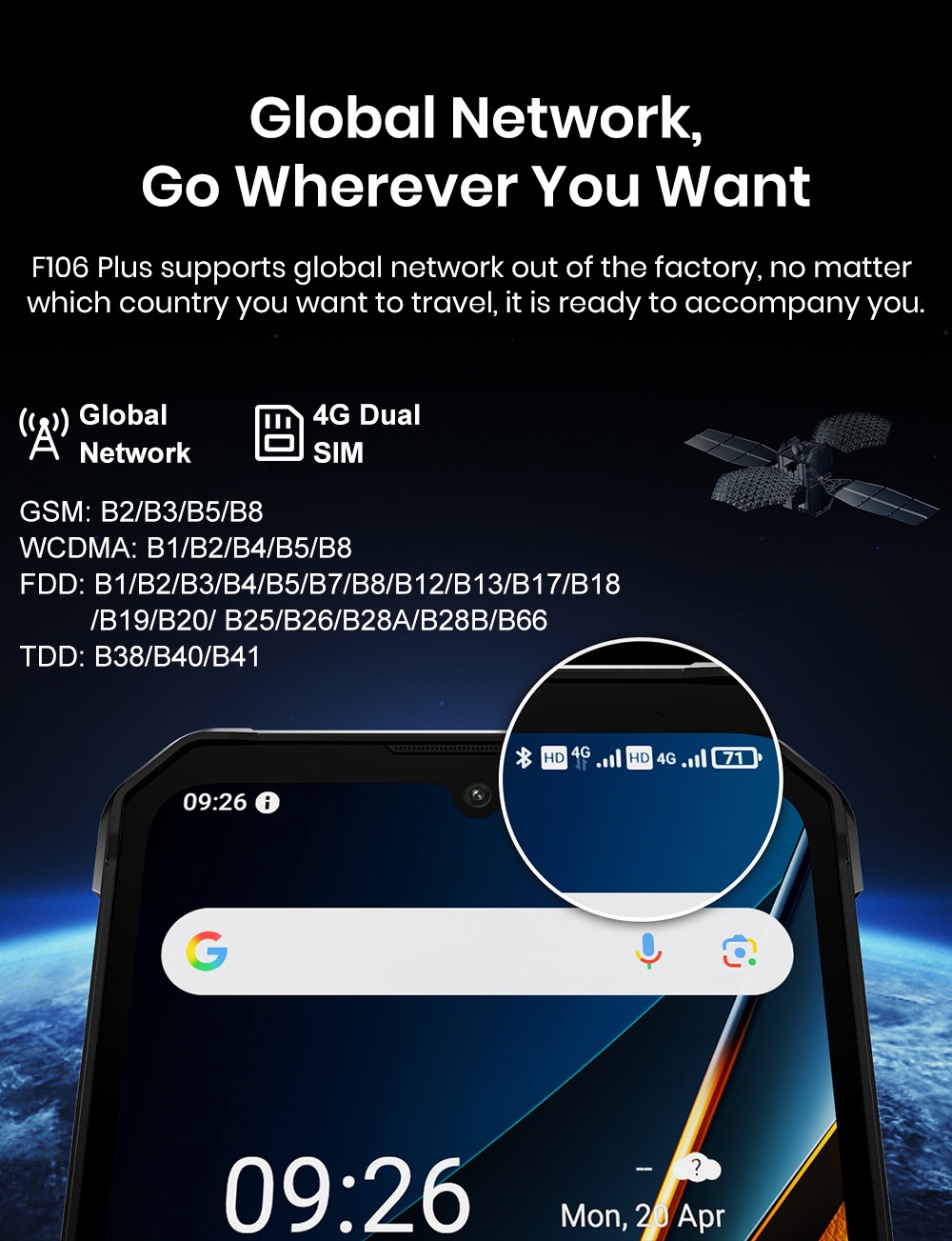 Smartphone robuste FOSSiBOT F106 Plus, 6 Go de RAM + 128 Go de ROM, batterie 12 000 mAh, deux haut-parleurs stéréo 120 dB, caméra de vision nocturne 20 MP, caméra IA 50 MP, écran 6,745
