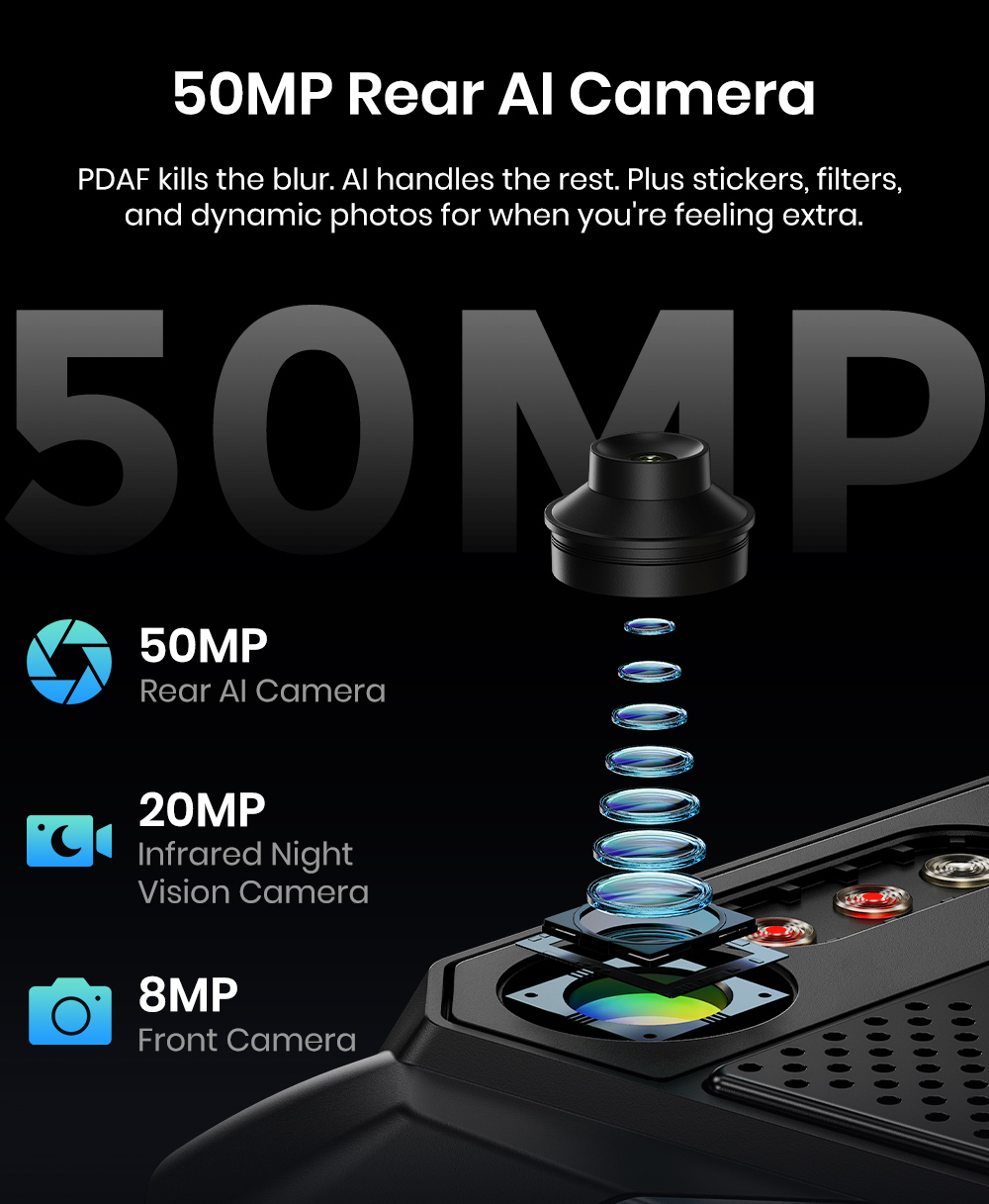 Smartphone robuste FOSSiBOT F106 Plus, 6 Go de RAM + 128 Go de ROM, batterie 12 000 mAh, deux haut-parleurs stéréo 120 dB, caméra de vision nocturne 20 MP, caméra IA 50 MP, écran 6,745