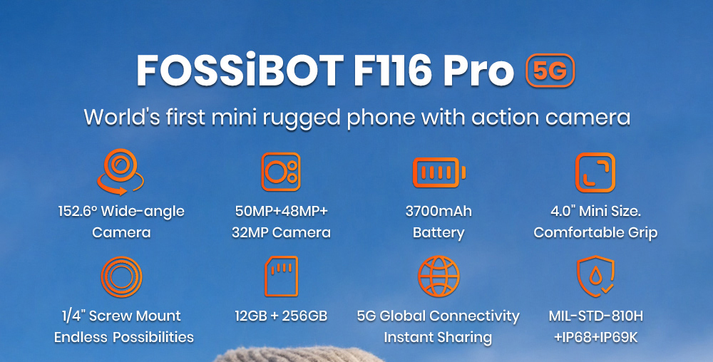 Smartphone robuste FOSSiBOT F116 Pro, 12 Go de RAM + 256 Go de ROM, processeur Dimensity 7300 5G, caméra d'action OIS 48 MP, caméra principale 50 MP, écran 4 pouces 120 Hz, batterie 3700 mAh, pas de vis 1/4