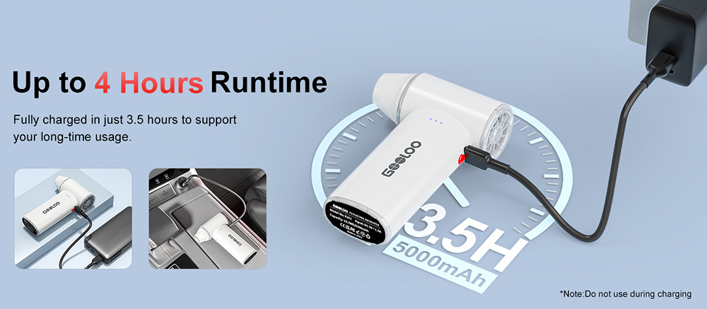 GOOLOO F3 Elektrischer Druckluftreiniger, 150.000 U/min Turbo-Luftstrom, 5000-mAh-Akku, 3 Geschwindigkeitsstufen, bis zu 4 Stunden Laufzeit, Schnellladefunktion (USB-C), für die Reinigung von Auto, Haushalt und Elektronik – Weiß