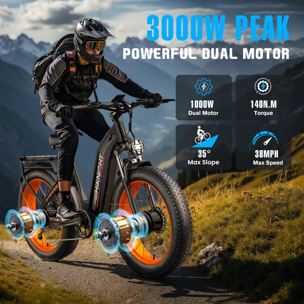 Vélo électrique HIKNIGHT H2 PRO, double moteur de 3000 W (puissance maximale), vitesse maximale de 61 km/h, autonomie de 145 km, batterie amovible 52 V 20 Ah, capacité de franchissement de pentes jusqu'à 35°, pneus larges 26