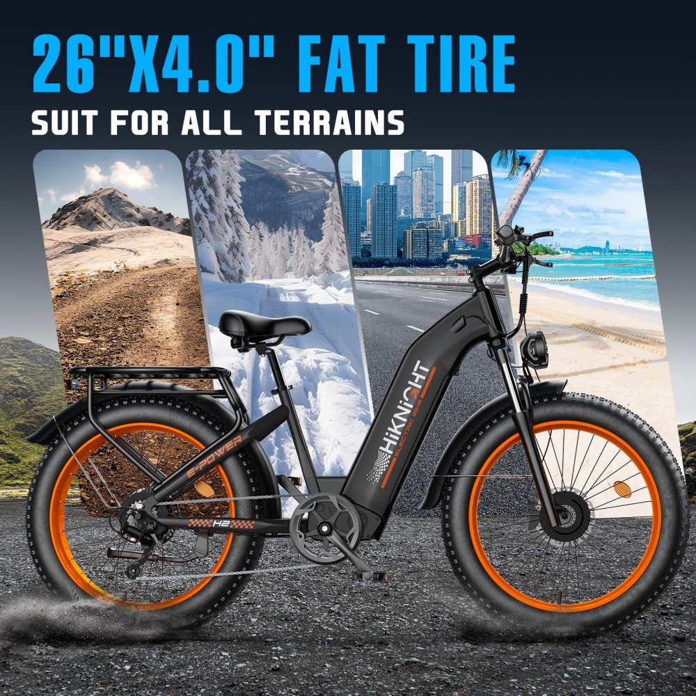 Vélo électrique HIKNIGHT H2 PRO, double moteur de 3000 W (puissance maximale), vitesse maximale de 61 km/h, autonomie de 145 km, batterie amovible 52 V 20 Ah, capacité de franchissement de pentes jusqu'à 35°, pneus larges 26