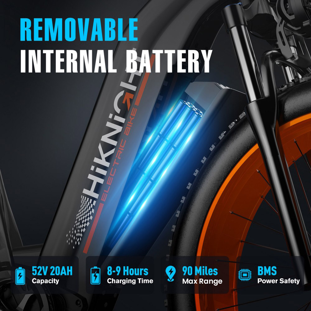Vélo électrique HIKNIGHT H2 PRO, double moteur de 3000 W (puissance maximale), vitesse maximale de 61 km/h, autonomie de 145 km, batterie amovible 52 V 20 Ah, capacité de franchissement de pentes jusqu'à 35°, pneus larges 26