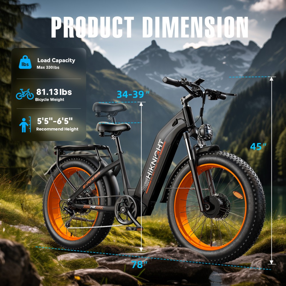 Vélo électrique HIKNIGHT H2 PRO, double moteur de 3000 W (puissance maximale), vitesse maximale de 61 km/h, autonomie de 145 km, batterie amovible 52 V 20 Ah, capacité de franchissement de pentes jusqu'à 35°, pneus larges 26