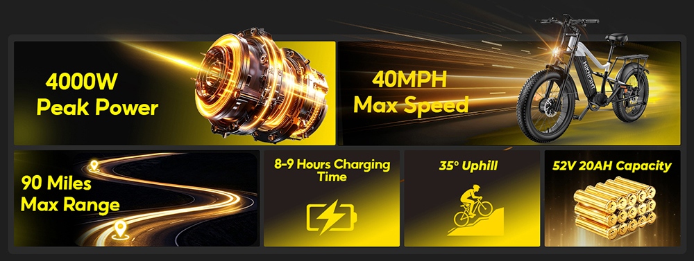 Vélo électrique HIKNIGHT H6 PRO, double moteur de 4000 W (puissance maximale), batterie amovible 52 V 20 Ah, autonomie de 145 km, vitesse maximale de 64 km/h, couple de 200 N·m, fourche avant à double té, suspension arrière à air, transmission Shimano 7 vitesses, pneus tout-terrain larges - Noir et blanc