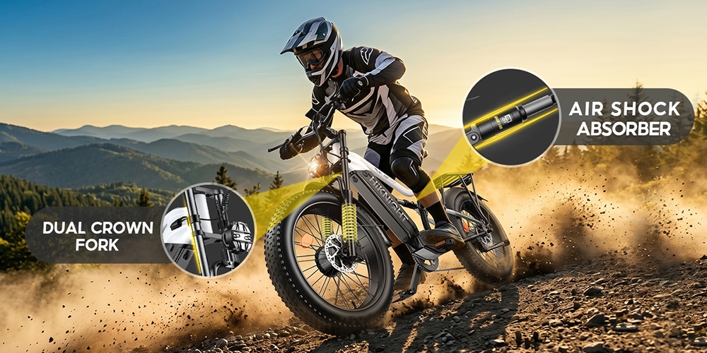 Vélo électrique HIKNIGHT H6 PRO, double moteur de 4000 W (puissance maximale), batterie amovible 52 V 20 Ah, autonomie de 145 km, vitesse maximale de 64 km/h, couple de 200 N·m, fourche avant à double té, suspension arrière à air, transmission Shimano 7 vitesses, pneus tout-terrain larges - Noir et blanc