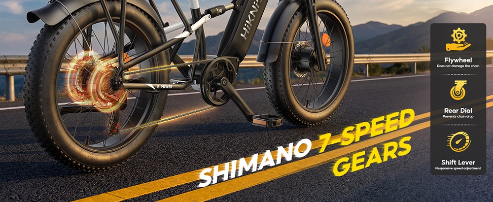 Vélo électrique HIKNIGHT H6 PRO, double moteur de 4000 W (puissance maximale), batterie amovible 52 V 20 Ah, autonomie de 145 km, vitesse maximale de 64 km/h, couple de 200 N·m, fourche avant à double té, suspension arrière à air, transmission Shimano 7 vitesses, pneus tout-terrain larges - Noir et blanc