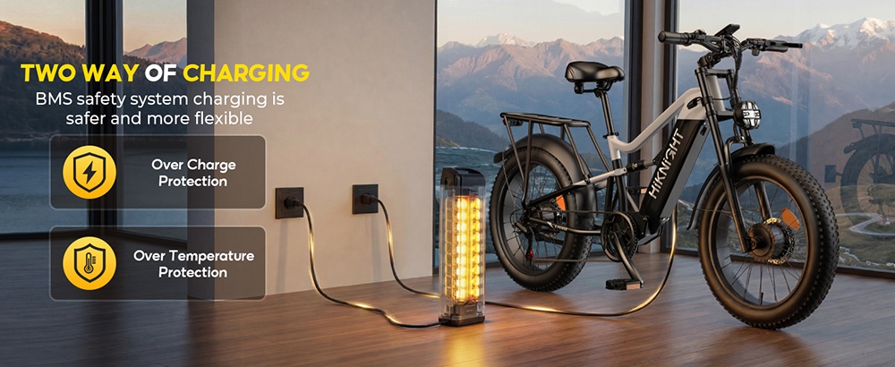 Vélo électrique HIKNIGHT H6 PRO, double moteur de 4000 W (puissance maximale), batterie amovible 52 V 20 Ah, autonomie de 145 km, vitesse maximale de 64 km/h, couple de 200 N·m, fourche avant à double té, suspension arrière à air, transmission Shimano 7 vitesses, pneus tout-terrain larges - Noir et blanc