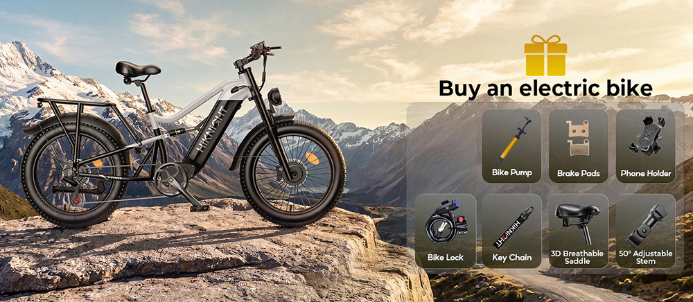 Vélo électrique HIKNIGHT H6 PRO, double moteur de 4000 W (puissance maximale), batterie amovible 52 V 20 Ah, autonomie de 145 km, vitesse maximale de 64 km/h, couple de 200 N·m, fourche avant à double té, suspension arrière à air, transmission Shimano 7 vitesses, pneus tout-terrain larges - Noir et blanc