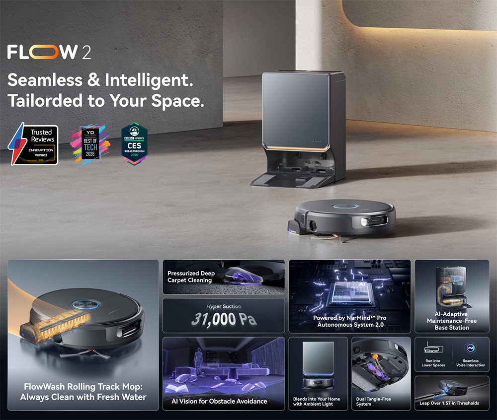 Narwal Flow 2 Robot Vacuum & Mop, 31,000Pa Suction, Dual 1080P AI Vision, Hidden LiDAR Navigation, 100°C Hot Water Self-Cleaning, 7000mAh Battery, Zero-Tangle System, 2.4L Auto Dust Collection, 120-Day Maintenance-Free Base Station