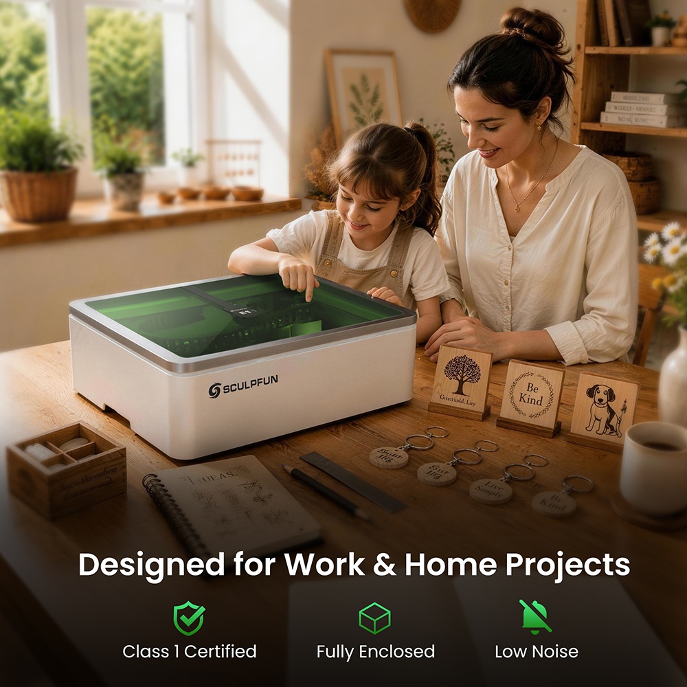 SCULPFUN E1 Pro 21W Geschlossener Lasergravierer, 400×320 mm Arbeitsbereich, 0,06×0,08 mm Laserpunkt, 600 mm/s Geschwindigkeit, integrierte Kamera, CoreXY-Struktur, WLAN-Konnektivität, Schutzklasse 1, Luftunterstützung und Wabenplatte im Lieferumfang enthalten
