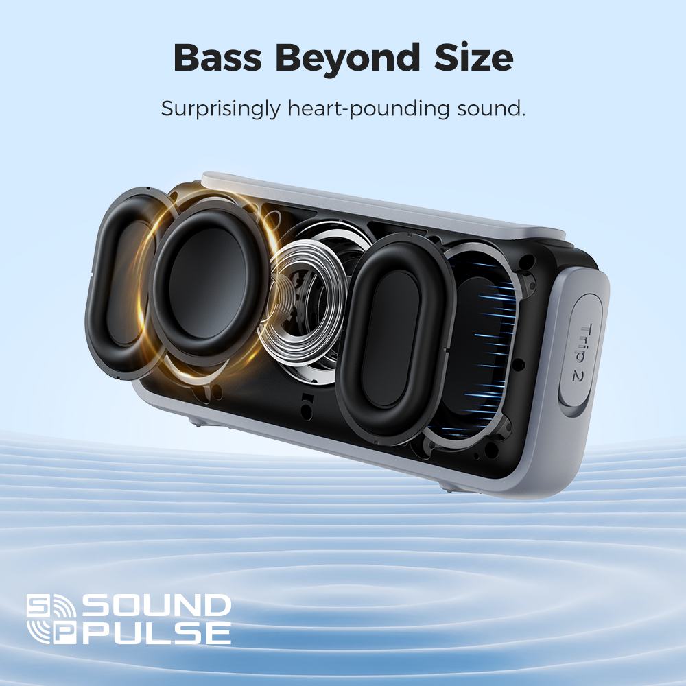 Tronsmart Trip 2 Portable Outdoor Speaker, SoundPulse Deep Bass, 42mm Full-Range Driver, Dual Passive Radiators, Bluetooth 5.3, IPX7 Waterproof, 20H Playtime, Built-in Mic, Type-C Charging