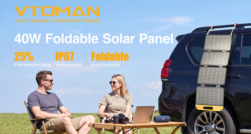 Panneau solaire pliable VTOMAN VS40 40 W, cellules monocristallines haute efficacité (25 %), charge rapide PD 30 W USB-C et USB-A, étanchéité IP67, idéal pour le camping, les caravanes, la randonnée et les stations d'alimentation.