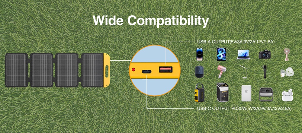 Panneau solaire pliable VTOMAN VS40 40 W, cellules monocristallines haute efficacité (25 %), charge rapide PD 30 W USB-C et USB-A, étanchéité IP67, idéal pour le camping, les caravanes, la randonnée et les stations d'alimentation.