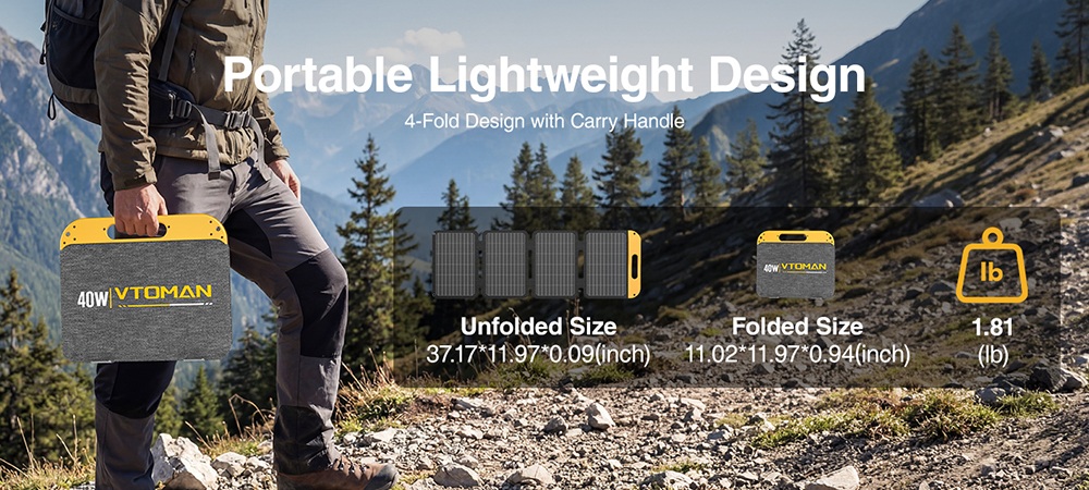 Panneau solaire pliable VTOMAN VS40 40 W, cellules monocristallines haute efficacité (25 %), charge rapide PD 30 W USB-C et USB-A, étanchéité IP67, idéal pour le camping, les caravanes, la randonnée et les stations d'alimentation.