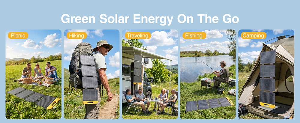 Panneau solaire pliable VTOMAN VS40 40 W, cellules monocristallines haute efficacité (25 %), charge rapide PD 30 W USB-C et USB-A, étanchéité IP67, idéal pour le camping, les caravanes, la randonnée et les stations d'alimentation.