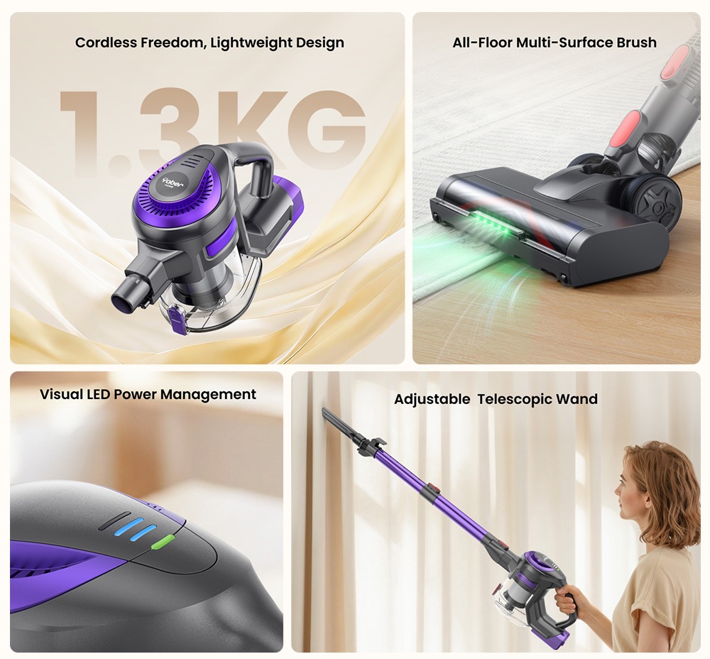 Yaber L10 Akku-Staubsauger, 38 kPa starke Saugkraft, 170-W-Motor, bis zu 35 Minuten Laufzeit, 0,6-Liter-Staubbehälter, freistehend, HEPA-Filterung, LED-Anzeige, Reinigung verschiedener Oberflächen wie Teppiche und Hartböden
