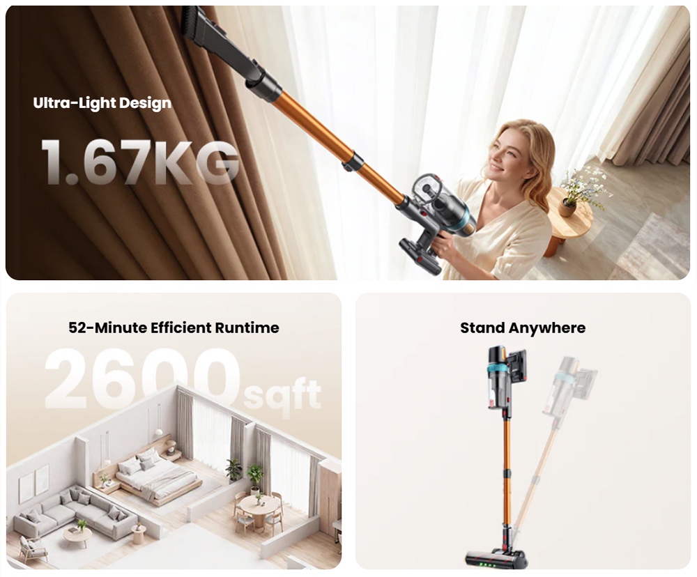 Yaber P20 Akku-Staubsauger, 33 kPa Saugkraft, 400-W-Motor, 52 Minuten Laufzeit, 0,8-Liter-Staubbehälter, freistehend, HEPA-Filterung, LED-Anzeige, verwicklungsfreie Bürste, Reinigung verschiedener Oberflächen wie Teppiche und Hartböden