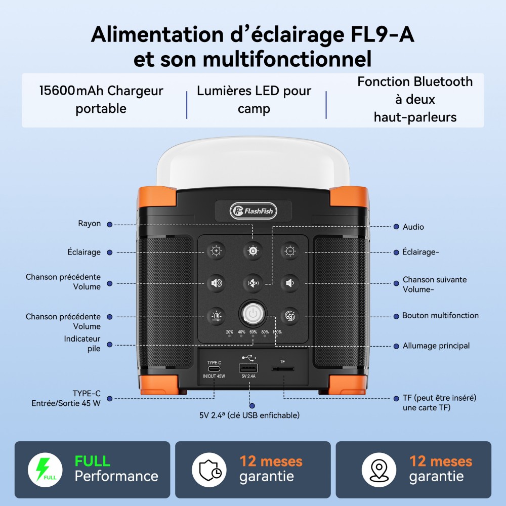 FlashFish FL9-A Station d'alimentation multifonctionnelle, batterie lithium 56Wh / 15600mAh, charge rapide USB-C PD 45W, deux haut-parleurs Bluetooth 5.0 15W, lampe de camping 700LM à 3 modes, son stéréo TWS, lumière d'urgence SOS