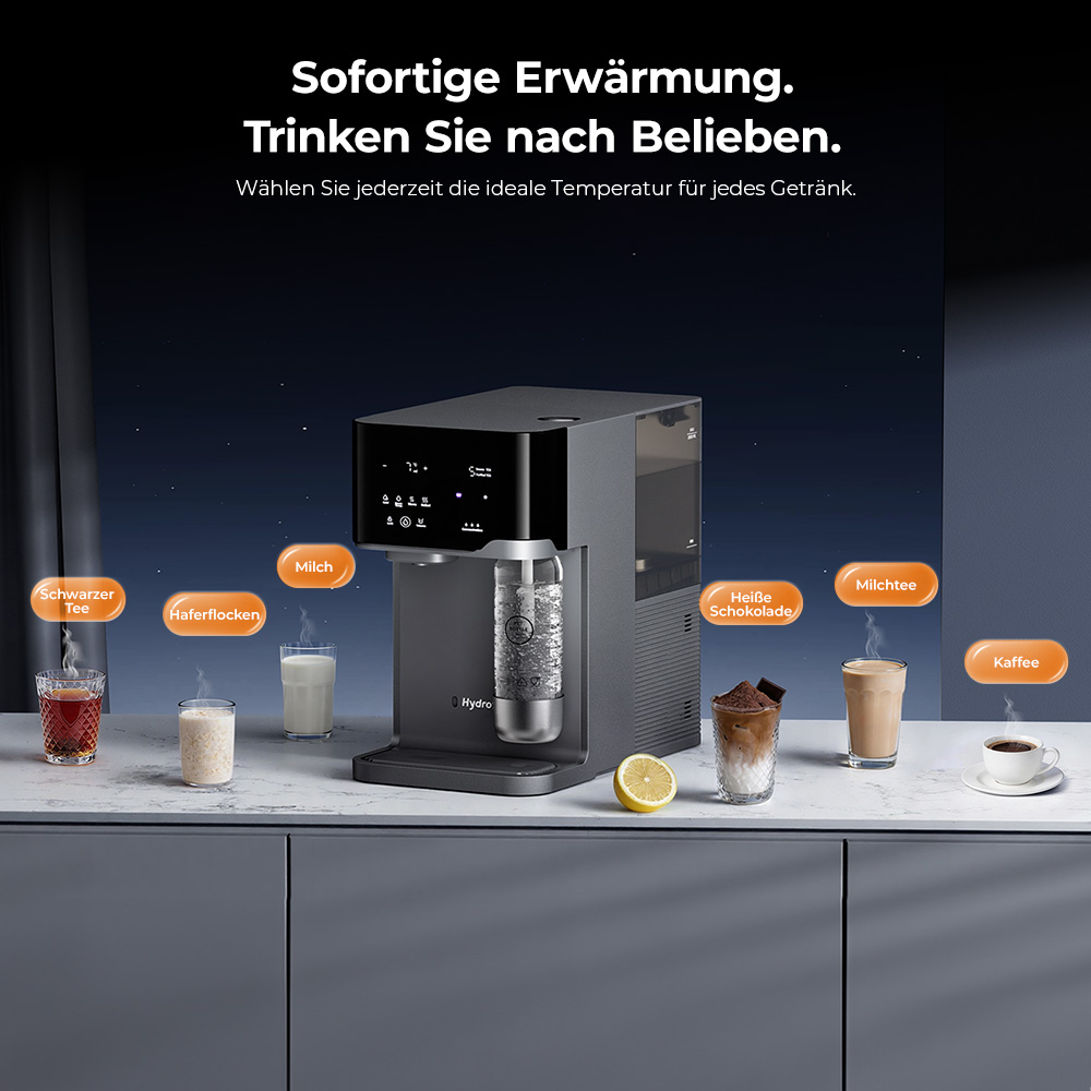 Hydrofast C300 RO Arbeitsplatten-Wasserreiniger, Eis- und Sprudelwasserspender, 6-stufige Filterung mit UV-Sterilisation, 5L Rohwassertank & 1,5L Reinwassertank, einstellbare Temperatur & Menge, Intelligentes TDS-Display