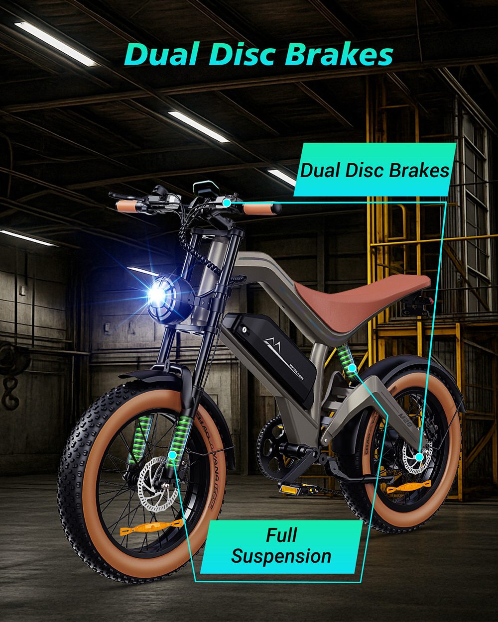 ZONVEER M20 Electric Bike, 1500W Peak (750W Rated) Geared Hub Motor, 48V 18.2Ah Battery, 55km/h Max Speed, 100km Range, Full Suspension, 20