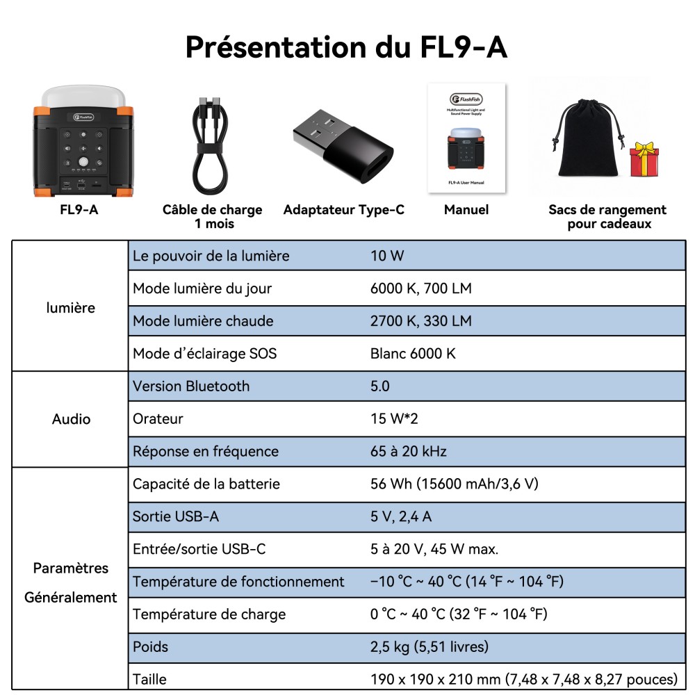 FlashFish FL9-A Station d'alimentation multifonctionnelle, batterie lithium 56Wh / 15600mAh, charge rapide USB-C PD 45W, deux haut-parleurs Bluetooth 5.0 15W, lampe de camping 700LM à 3 modes, son stéréo TWS, lumière d'urgence SOS