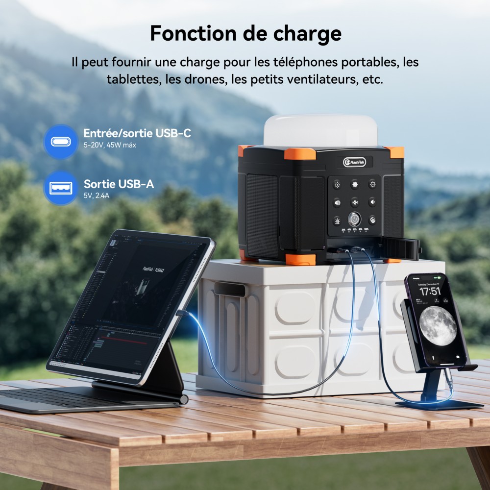 FlashFish FL9-A Station d'alimentation multifonctionnelle, batterie lithium 56Wh / 15600mAh, charge rapide USB-C PD 45W, deux haut-parleurs Bluetooth 5.0 15W, lampe de camping 700LM à 3 modes, son stéréo TWS, lumière d'urgence SOS