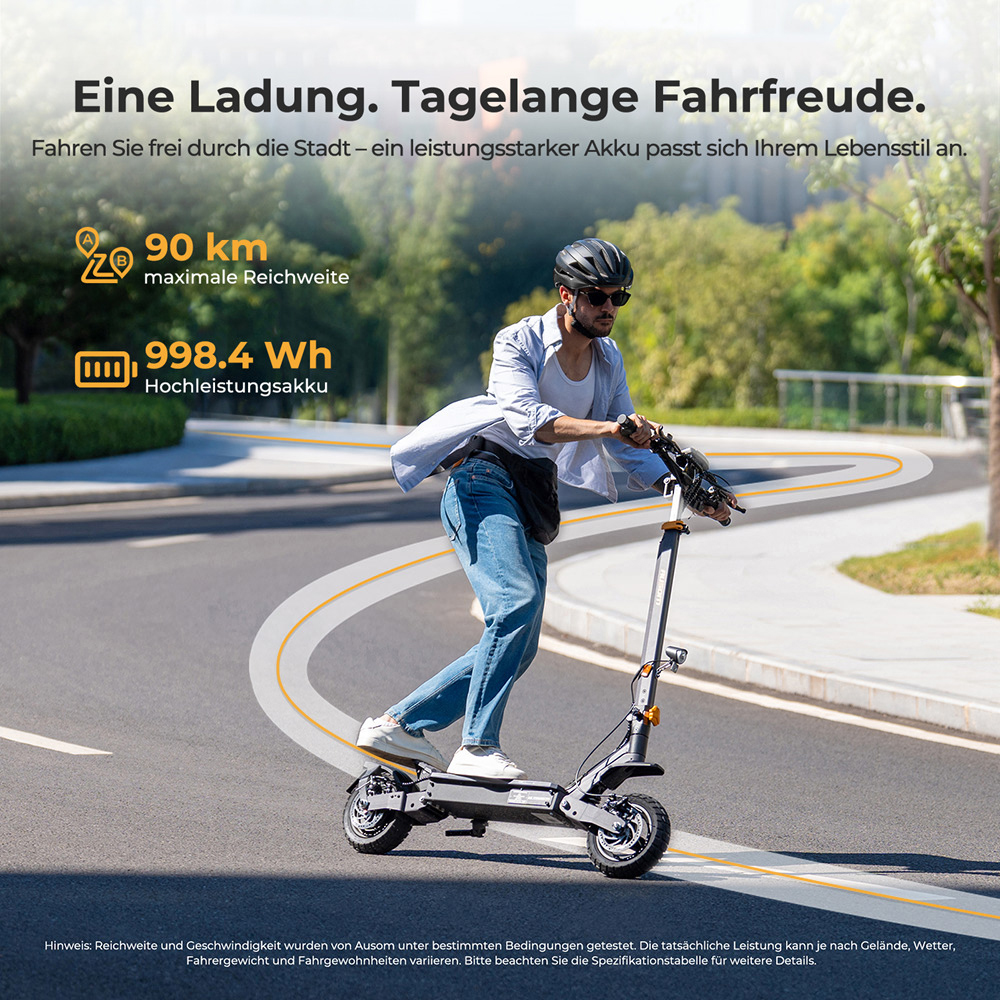 Ausom L1 Elektroroller ABE-Version, 500-W-Motor, 48-V-20,8-Ah-Akku, 10-Zoll-Reifen, 20 km/h Höchstgeschwindigkeit, 90 km Reichweite, Scheibenbremsen vorne und hinten, Schwingarmfederung, NFC- und Passcode-Entsperrung