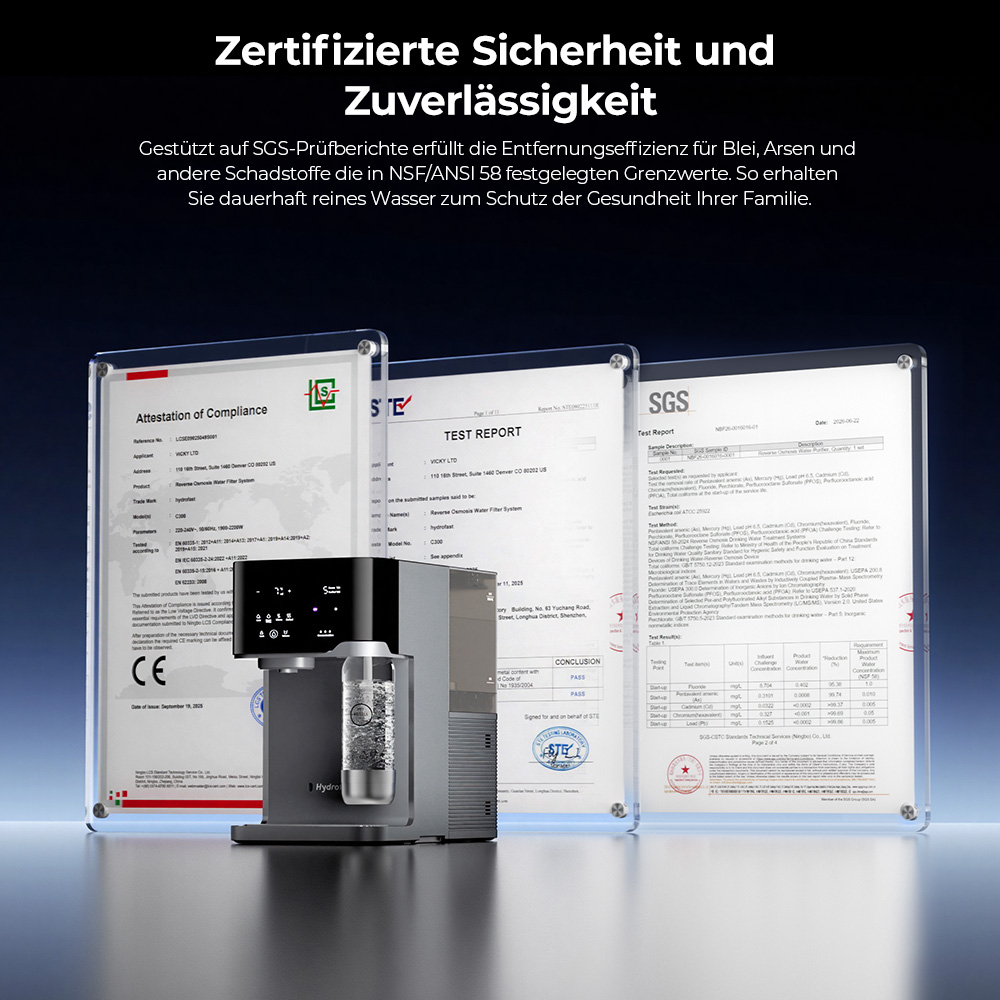 Hydrofast C300 RO Arbeitsplatten-Wasserreiniger, Eis- und Sprudelwasserspender, 6-stufige Filterung mit UV-Sterilisation, 5L Rohwassertank & 1,5L Reinwassertank, einstellbare Temperatur & Menge, Intelligentes TDS-Display