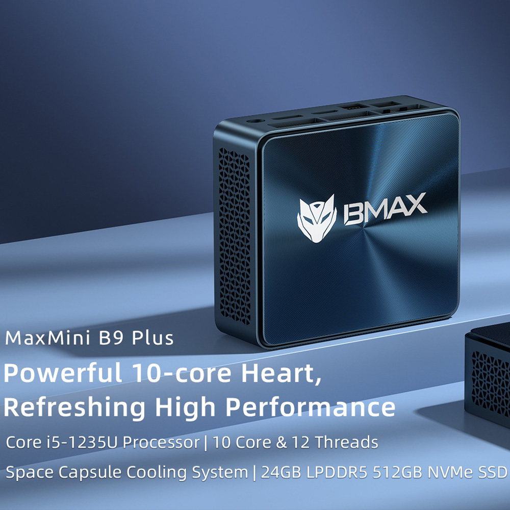 BMAX B9 Plus Mini PC, processeur Intel Core i5-1235U, 24 Go de RAM LPDDR5, SSD 512 Go, triple écran 4K DP+HDMI+Type-C, prise en charge HDR dynamique, Wi-Fi 6, Bluetooth 5.2, 2 ports USB 3.2, 2 ports USB 2.0, 1 port RJ45, 1 prise casque