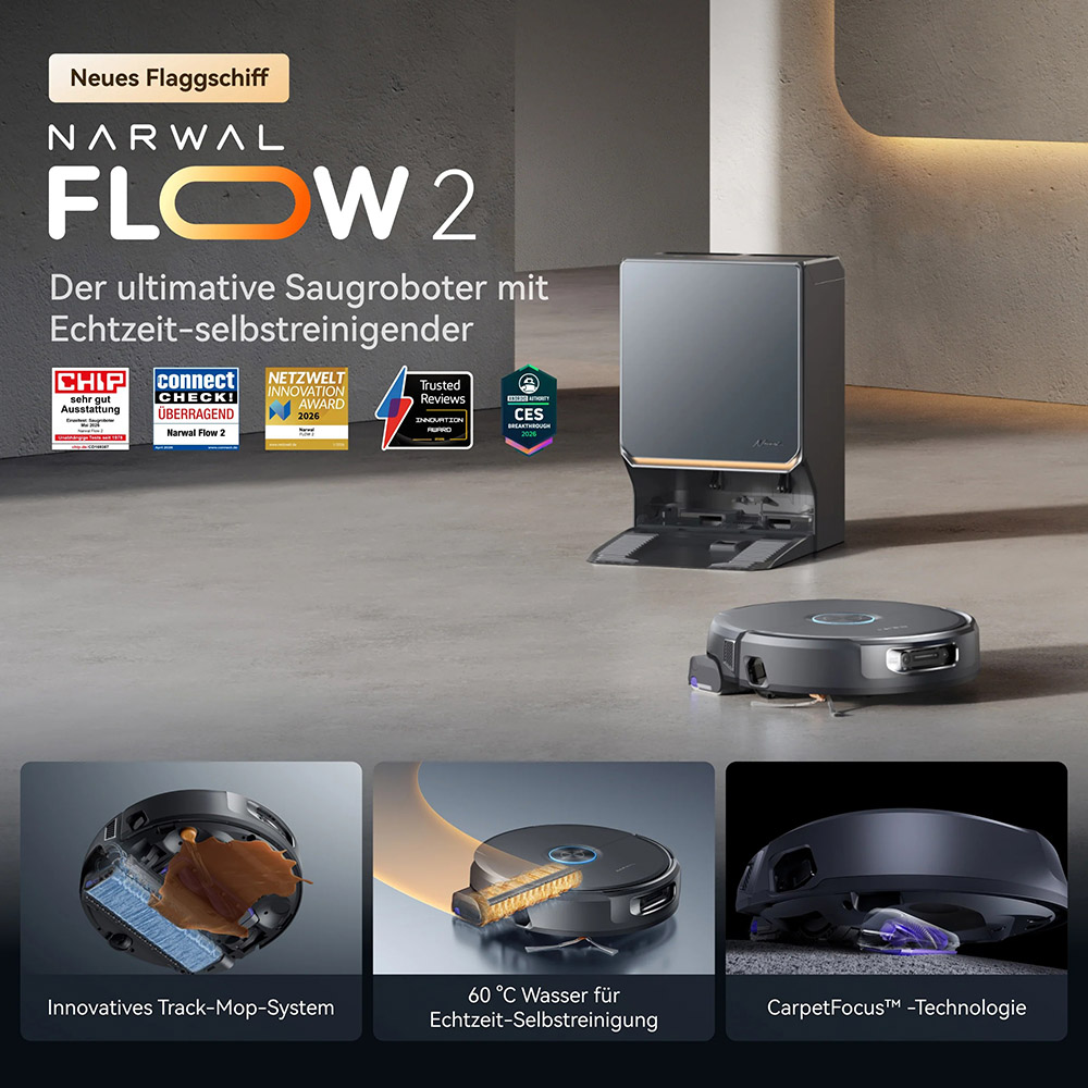 Narwal Flow 2 Saug- und Wischroboter, 31.000 Pa Saugkraft, Dual-1080p-KI-Sicht, versteckte LiDAR-Navigation, 60°C Heißwasser-Wischreinig, 7000-mAh-Akku, Anti-Verhedderungs-System, 2,4-l-Auto-Staubabsaugung, wartungsfreie Basisstation bis zu 120 Tage