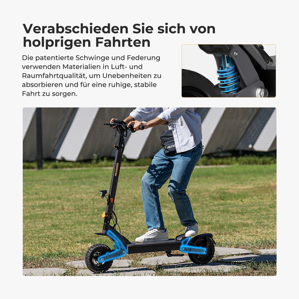 Ausom L1 Elektroroller ABE-Version, 500-W-Motor, 48-V-20,8-Ah-Akku, 10-Zoll-Reifen, 20 km/h Höchstgeschwindigkeit, 90 km Reichweite, Scheibenbremsen vorne und hinten, Schwingarmfederung, NFC- und Passcode-Entsperrung