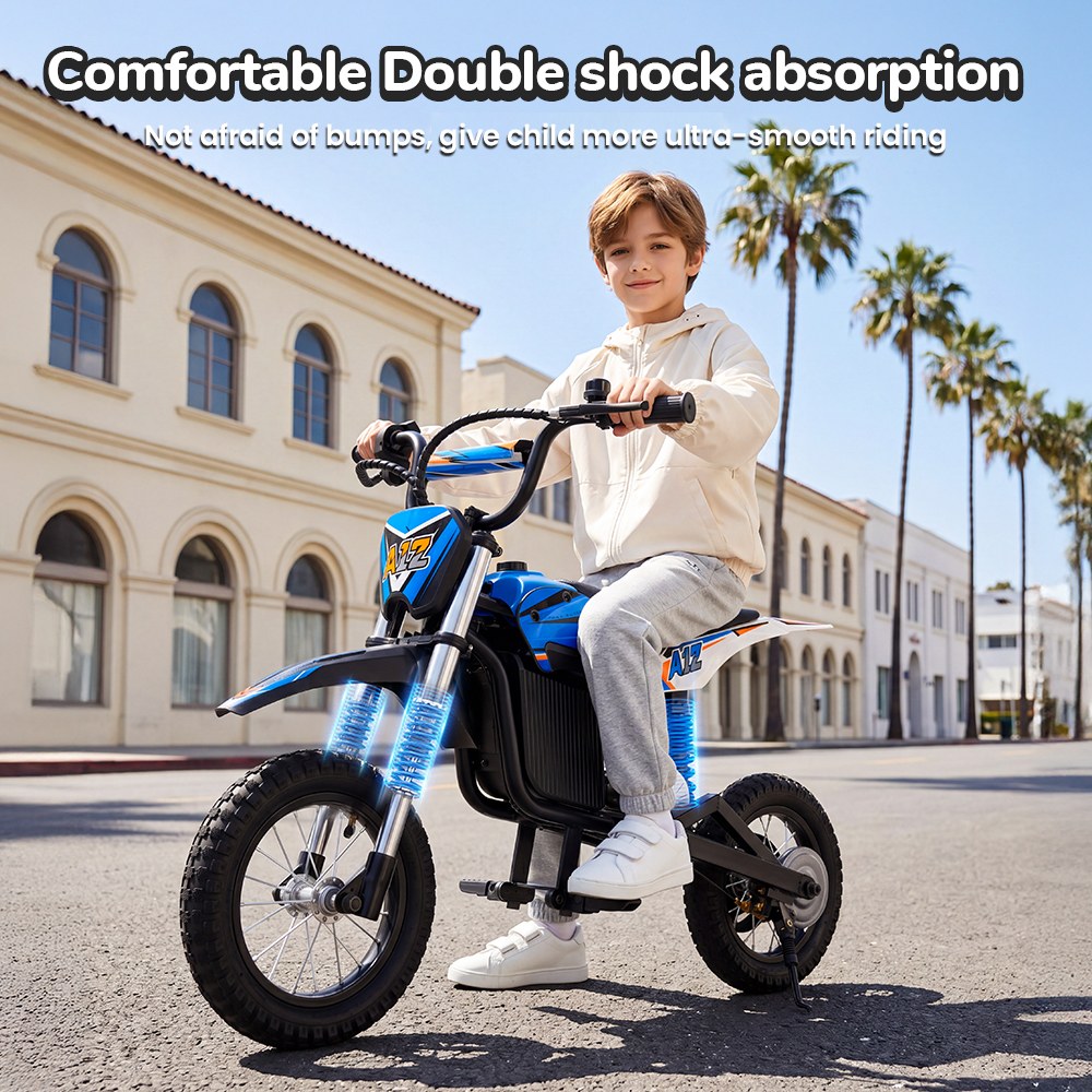 iScooter A12 Moto Tout-Terrain Électrique pour Enfants, Moteur 300W (350W en crête), Batterie 36V 4.5Ah, 25km/h, 20km d’autonomie, Pneu 12", Suspension avant et arrière, Frein à poignée et frein à disque arrière, 3 modes de vitesse - Bleu