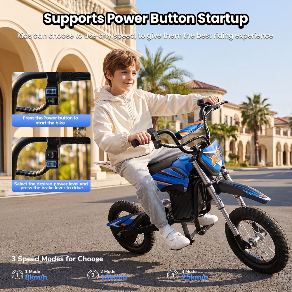 iScooter A12 Moto Tout-Terrain Électrique pour Enfants, Moteur 300W (350W en crête), Batterie 36V 4.5Ah, 25km/h, 20km d’autonomie, Pneu 12", Suspension avant et arrière, Frein à poignée et frein à disque arrière, 3 modes de vitesse - Bleu