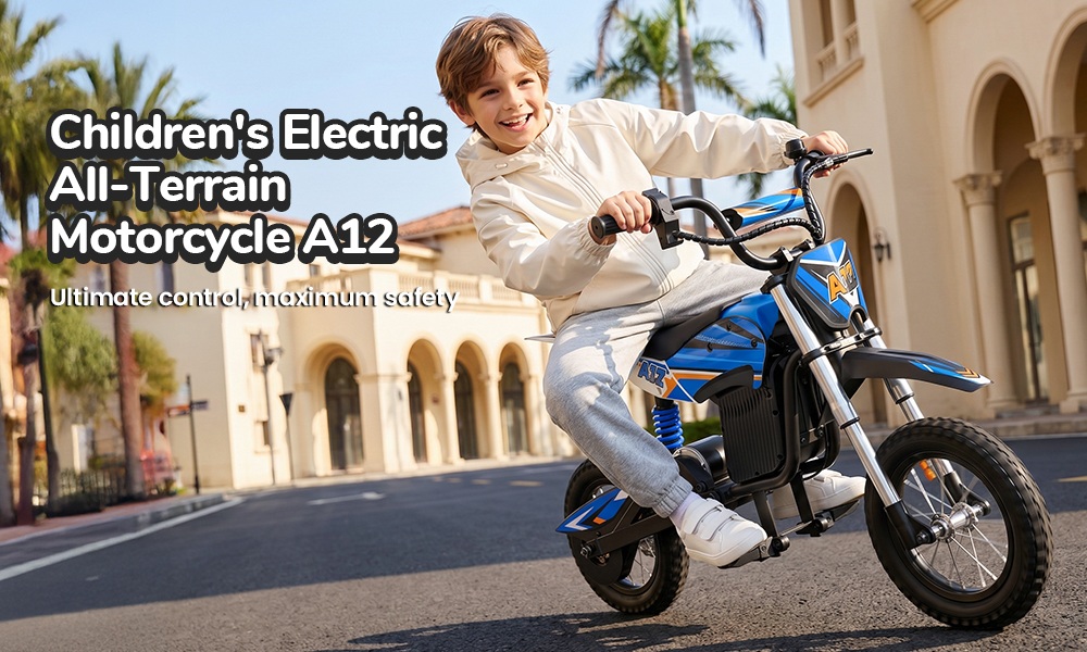 iScooter A12 Moto Tout-Terrain Électrique pour Enfants, Moteur 300W (350W en crête), Batterie 36V 4.5Ah, 25km/h, 20km d’autonomie, Pneu 12", Suspension avant et arrière, Frein à poignée et frein à disque arrière, 3 modes de vitesse - Bleu