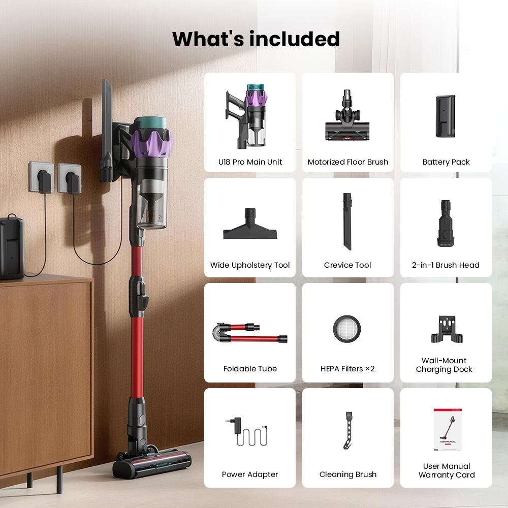 Ultenic U18 PowerPro Aspirateur Balai Sans Fil, Aspiration 55 kPa, Moteur 600 W, Jusqu'à 80 Min d'Autonomie, Brosse Anti-Enchevêtrement, Écran LED, Filtration 6 Couches, pour Poils d'Animaux et Sols Durs