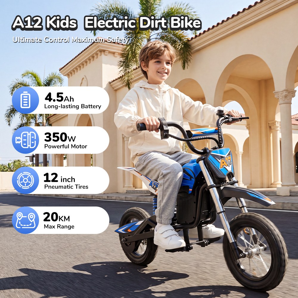 iScooter A12 Moto Tout-Terrain Électrique pour Enfants, Moteur 300W (350W en crête), Batterie 36V 4.5Ah, 25km/h, 20km d’autonomie, Pneu 12", Suspension avant et arrière, Frein à poignée et frein à disque arrière, 3 modes de vitesse - Bleu